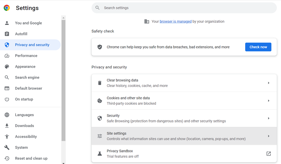 Google Chrome privacy and security tab, with site settings under privacy and security highlighted